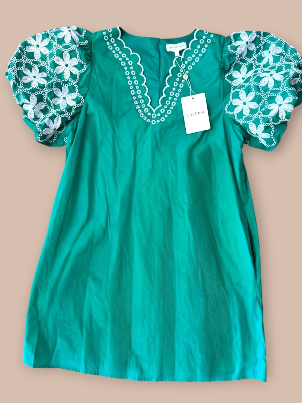 ENTRO ft At Anthropologie Green Puff Sleeve Eyelet shift Dress w/ pockets Small